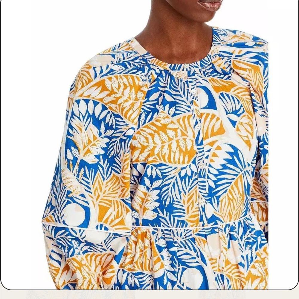 STAUD Blue and Tan Leaf Print button down tunic blouse